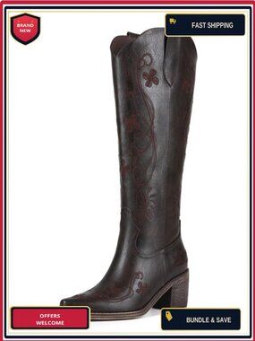 Cowgirl Knee High Western Boots Floral Embroidered Pointed Toe Chunky Heel Pull